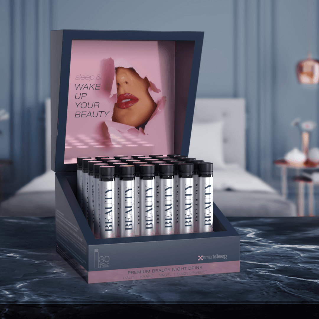 30er Monats-Packung mit 30 Ampullen smartsleep® BEAUTY NIGHT ELIXIR, speziell entwickelter Premium Beauty Night Drink für den Schönheitsschlaf mit Kollagen, Hyaluronsäure, Q10, Bambusextrakt, Aminosäuren und Vitaminen für schöne Haut, Haare, Nägel und Bindegewebe. Schön im Schlaf mit exklusiven Nährstoffen für ein strahlendes Aufwachen.