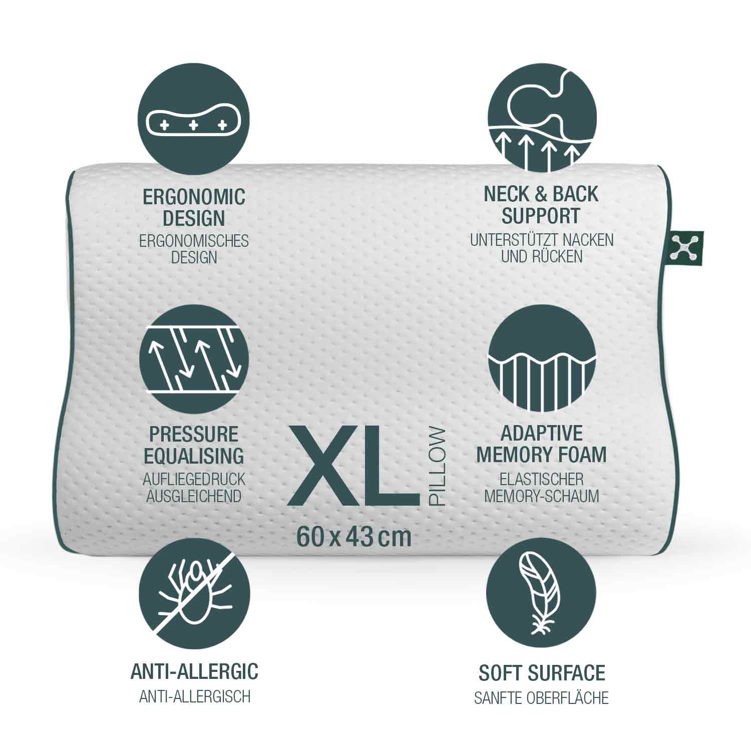 Großes ergonomisches Nackenstütz-Kissen aus atmungsaktivem Memory Schaum für Rückenschläfer und Seitenschläfer entlastet die Halswirbelsäule, Kopf und Nacken für gesunden Schlaf.