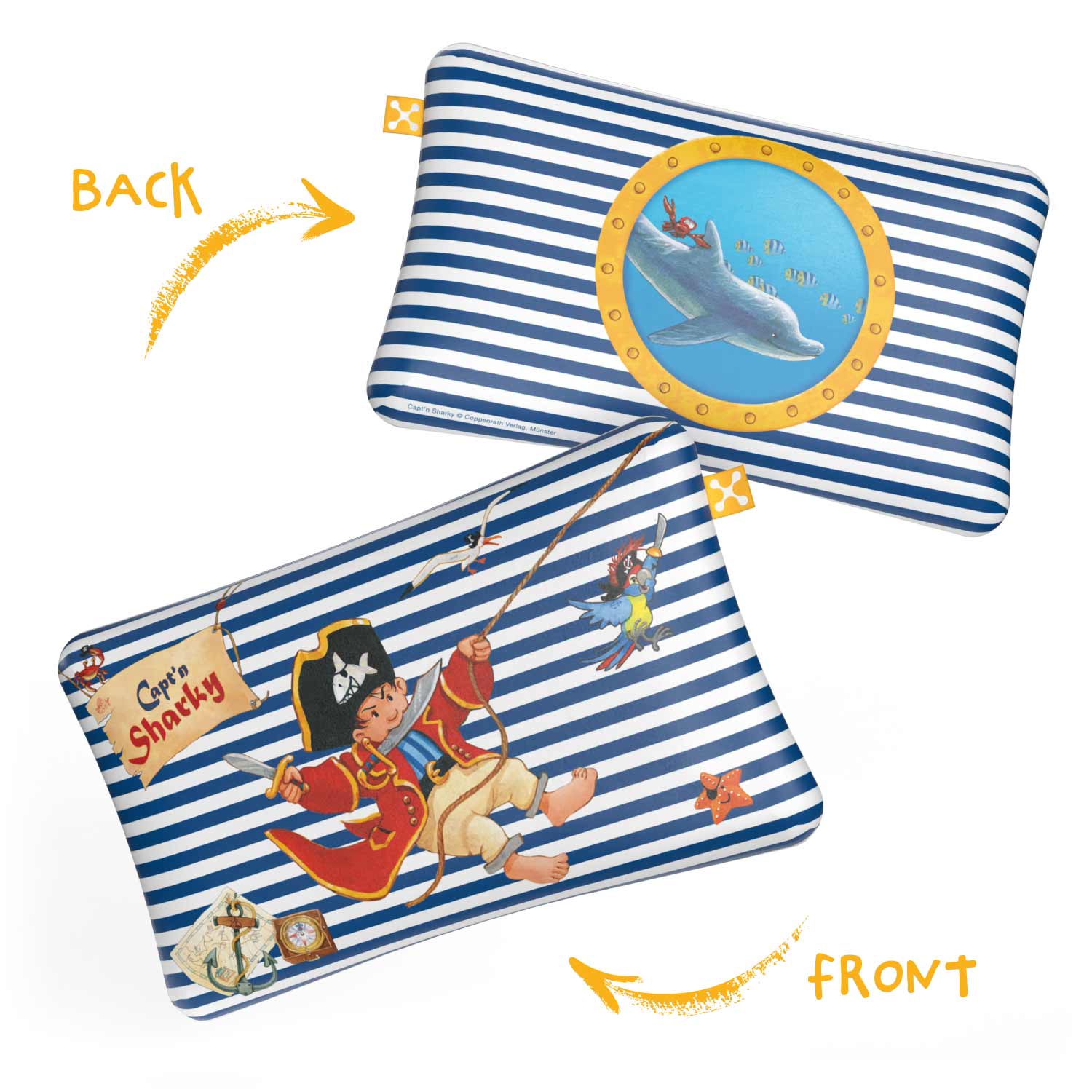 smart® Kids Comfort Pillow Case, weicher Kissenbezug aus Baumwolle passgenau für das ergonomische Kinder-Kopfkissen smart® Kids Comfort Pillow in der Farbe Motiv Kapitän Capt'n Sharky mit unterschiedlicher Vorder- und Rückseite zum Wenden