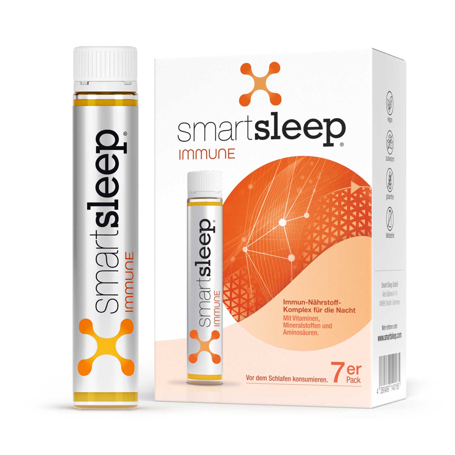 7er Packung mit sieben Einheiten smartsleep® IMMUNE, innovativer Immun-Nährstoff-Komplex speziell für die Nacht mit Vitamin C, Zink, Kupfer, Vitamin B2, Selen, Vitamin E und Mangan. Schützt Zellen vor oxidativem Stress und unterstützt das Immunsystem und starke Abwehrkräfte auf natürliche Weise, für mehr Gesundheit durch guten Schlaf.
