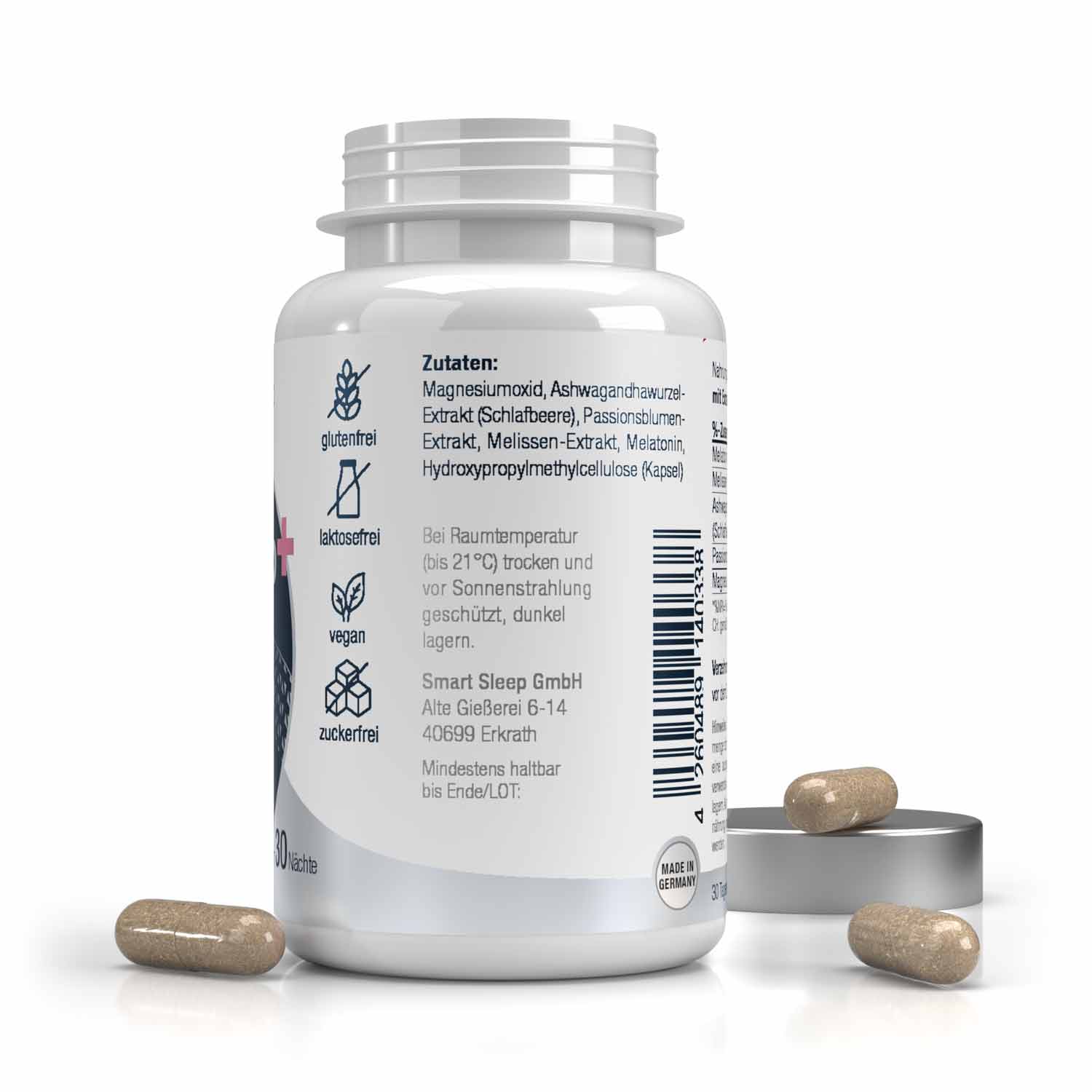 Packung smartsleep® SLEEP + Einschlafkapseln, natürlich wirkende Einschlafkapseln zur Verkürzung der Einschlafzeit. Mit dem Schlafhormon Melatonin, Ashwagandhawurzel (Schlafbeere), Passionsblume, Melissen-Extrakt und Magnesium. Eine Kapsel 30 Minuten vor dem Zubettgehen einnehmen und schneller einschlafen.