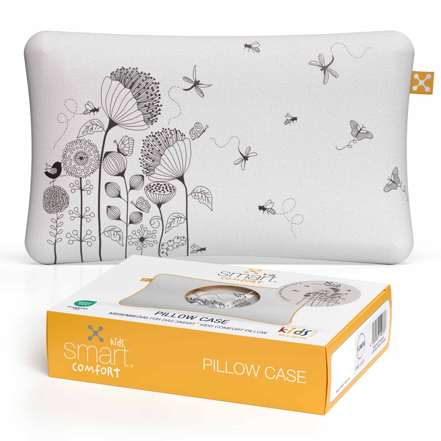 smart® Kids Comfort Pillow Case, weicher Kissenbezug passgenau für das ergonomische Kinder-Kopfkissen smart® Kids Comfort Pillow in der Farbe beige mit dem Motiv Flower Power