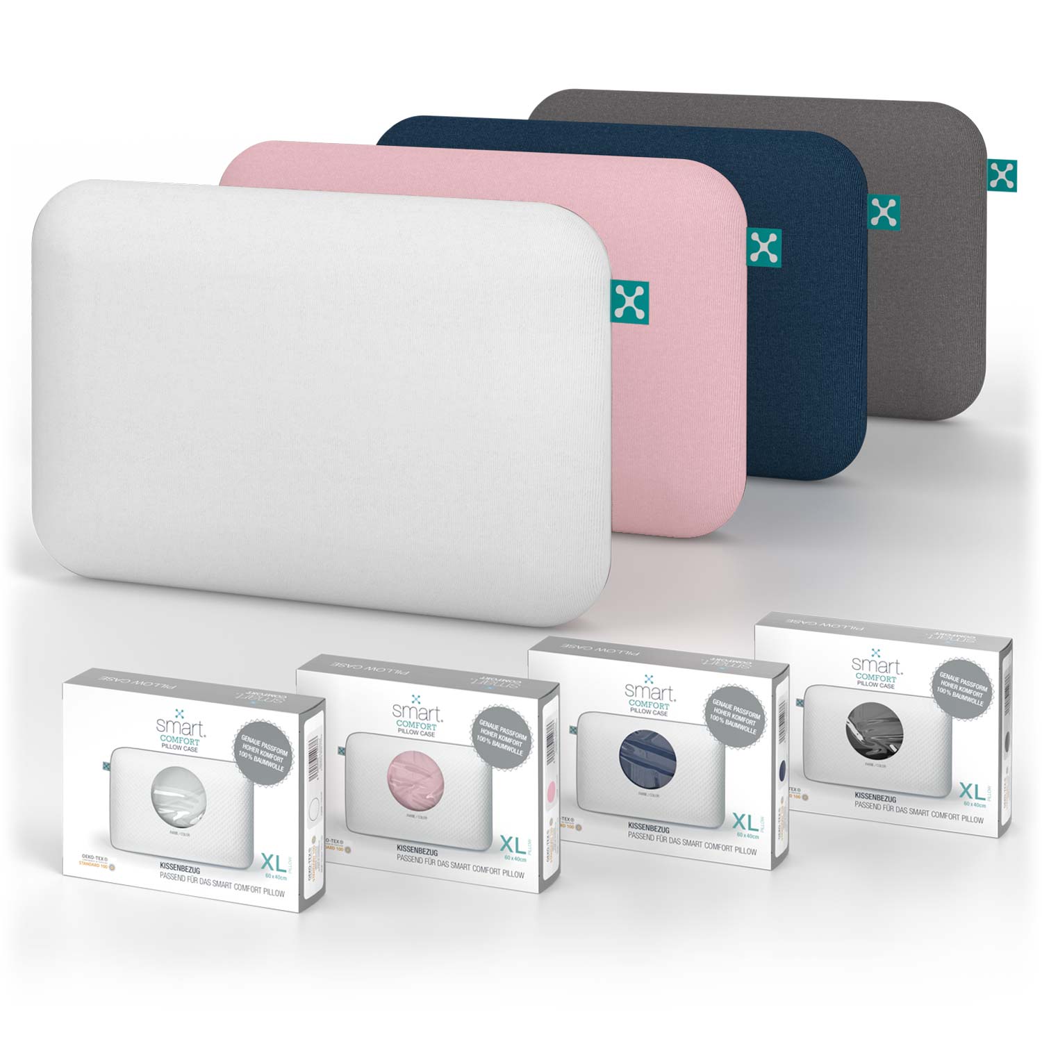smart® Comfort Pillow Cases, weicher Wechselbezug aus Baumwolle passgenau für das große Komfort-Kopfkissen smart® Comfort Pillow in verschiedenen Farbe Blau, Grau, Weiß, Rose