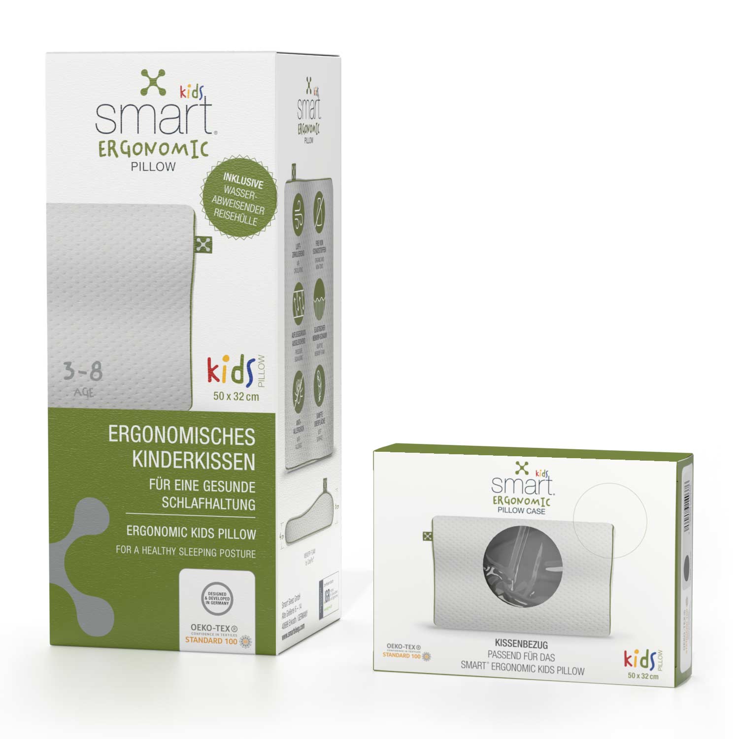 Ein smart® Kids Ergonomic Pillow Kopfkissen für Kinder und ein passgenauer Kissenbezug smart® Kids Ergonomic Pillow Case zum Wechseln in der Farbe Grau im Set zum Vorteilspreis.