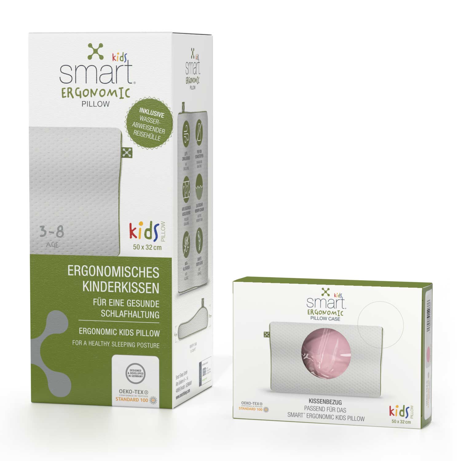 Ein smart® Kids Ergonomic Pillow Kopfkissen für Kinder und ein passgenauer Kissenbezug smart® Kids Ergonomic Pillow Case zum Wechseln in der Farbe Rose im Set zum Vorteilspreis.