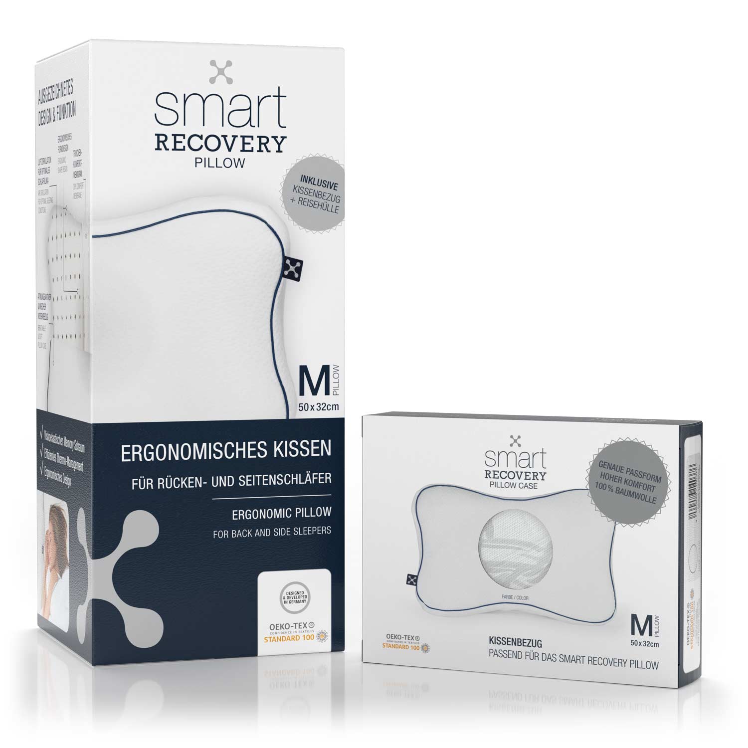 Ein ergonomisches smart® Recovery Pillow Kopfkissen und ein passgenauer Kissenbezug smart® Recovery Pillow Case zum Wechseln in der Farbe Weiß im Set zum Vorteilspreis.