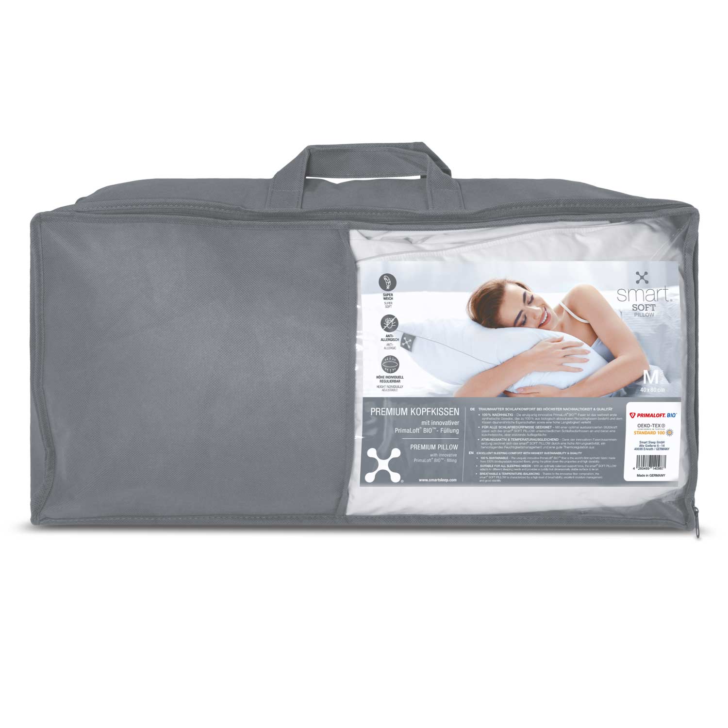 smart® Soft Pillow in der Größe Medium 40 x 80 cm, weiches nachhaltiges Kissen mit PrimaLoft Bio Füllung aus biologisch abbaubaren Recyclingfasern mit praktischer Verpackung Trage-Tasche