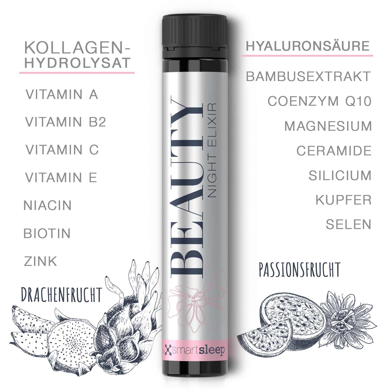 Inhaltsstoffe und Wirkstoffe von smartsleep® BEAUTY NIGHT ELIXIR, speziell entwickelter Premium Beauty Night Drink für den Schönheitsschlaf mit Kollagen, Hyaluronsäure, Q10, Bambusextrakt, Aminosäuren und Vitaminen für intensive Pflege von Haut, Haaren, Nägeln und Bindegewebe im Schlaf in der Geschmacksrichtung Drachenfrucht Passionsfrucht.