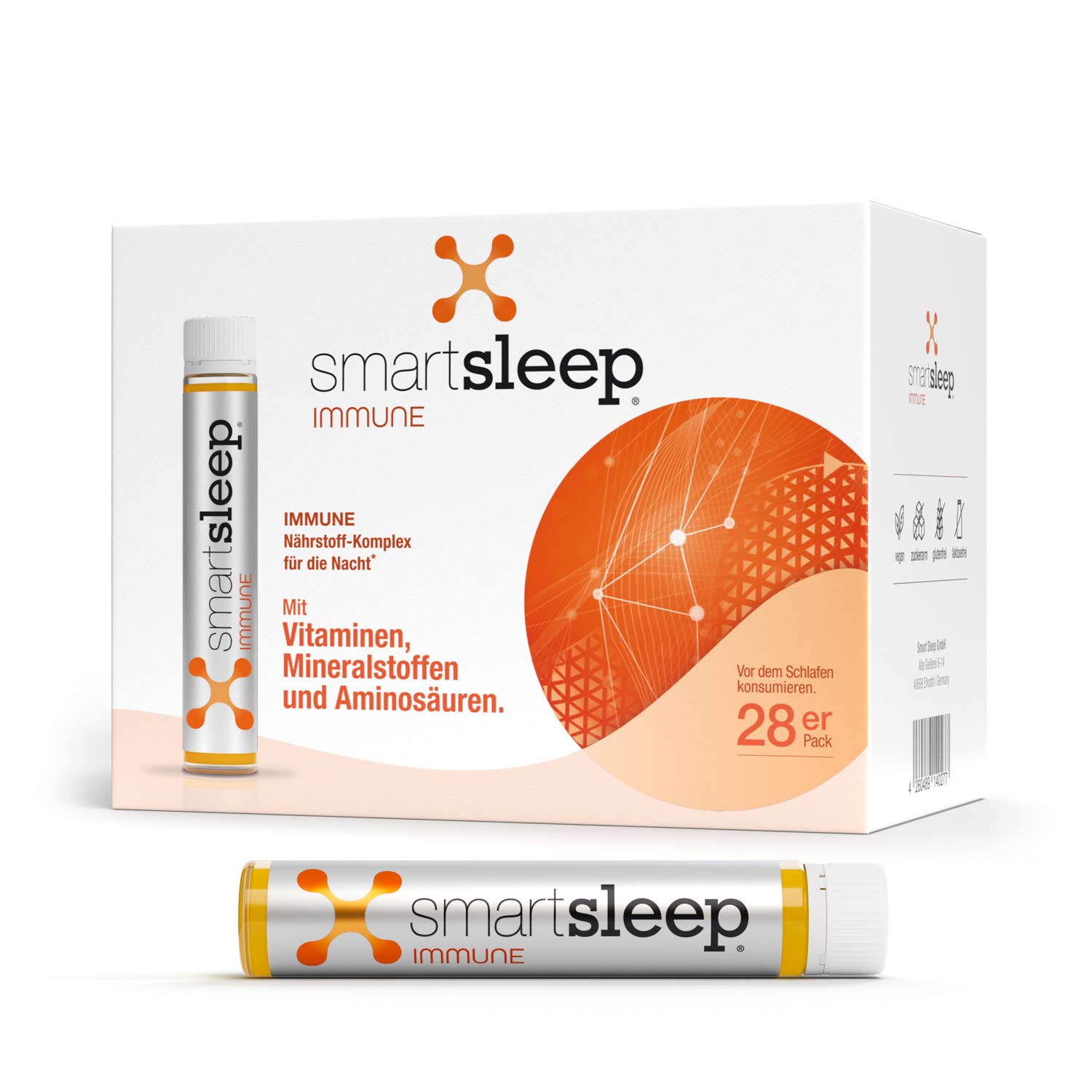28er Vorrats-Packung smartsleep® IMMUNE, innovativer Immun-Nährstoff-Komplex speziell für die Nacht mit Vitamin C, Zink, Kupfer, Vitamin B2, Selen, Vitamin E und Mangan. Schützt Zellen vor oxidativem Stress und unterstützt das Immunsystem und starke Abwehrkräfte auf natürliche Weise, für mehr Gesundheit durch guten Schlaf.