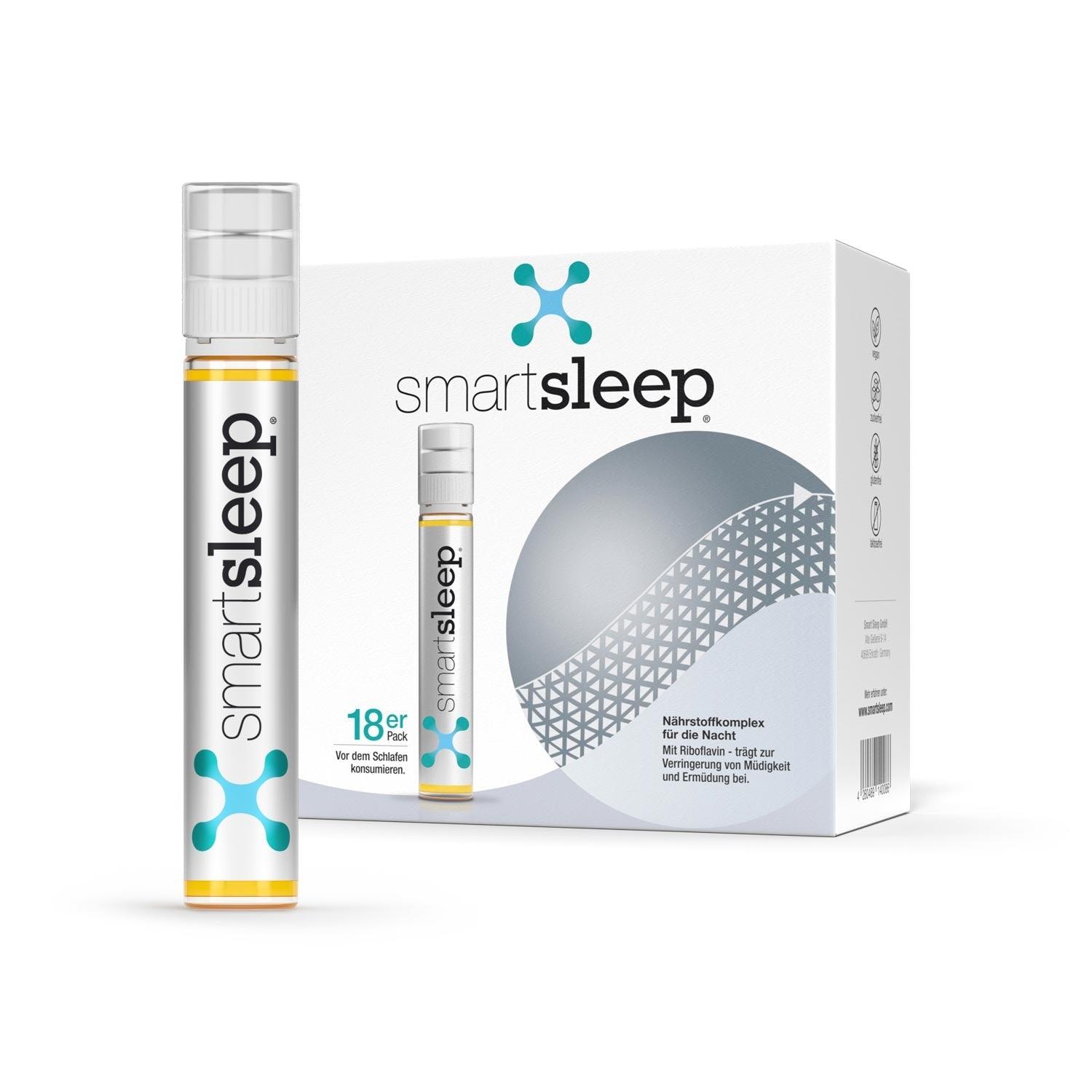 18er Vorrats-Packung mit achtzehn Einheiten smartsleep® ORIGINAL, innovativer Nährstoff-Komplex aus der Schlafforschung, speziell für die Nacht entwickelt zur Unterstützung der Regeneration im Schlaf und zur Verringerung von Müdigkeit und Ermüdung am Tag. Wacher aufwachen trotz kurzen Schlafs. Bekannt aus Die Höhle der Löwen.
