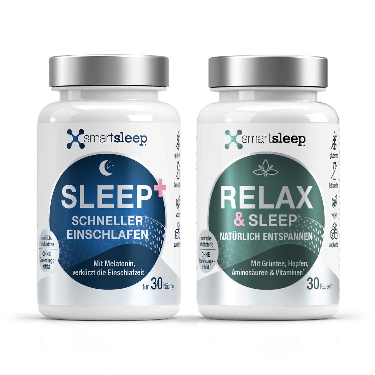 Natürlich entspannen und schneller einschlafenEine Dose smartsleep® Relax and Sleep Entspannungskapseln und eine Dose Sleep Plus Einschlafkapseln im Set für die Entspannung vor dem Schlaf und schnelles Einschlafen zum Vorteilspreis.