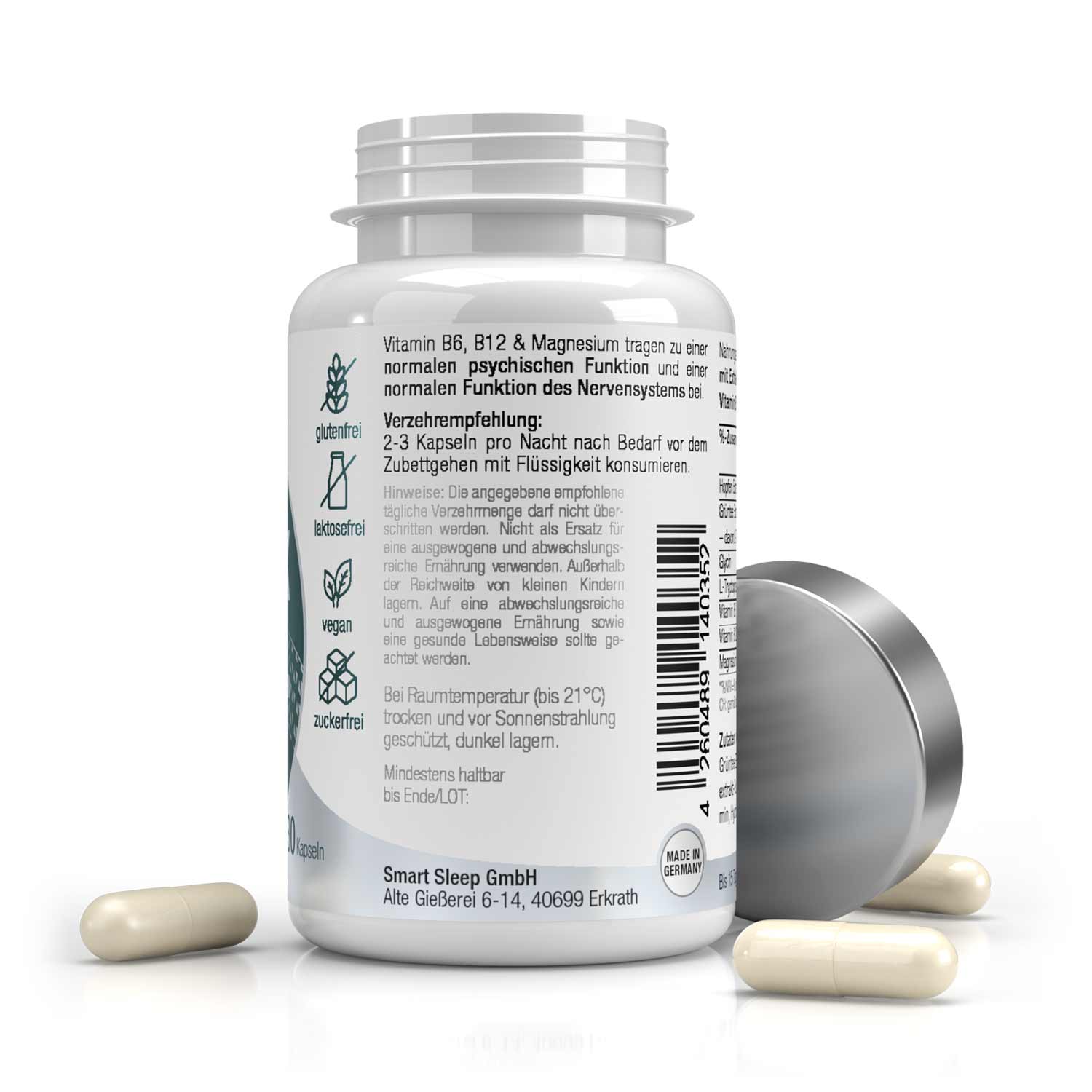 smartsleep® RELAX AND SLEEP Entspannungskapseln. Nährstoffkapseln zur Unterstützung der Entspannung vor dem Schlaf mit natürlich wirkenden Inhaltsstoffen wie Hopfen, Grüntee, Lavendelblüte, L-Tryptophan, Glycin, Magnesium, für innere Ruhe und einen erholsamen Schlaf ohne Gewöhnungseffekt.