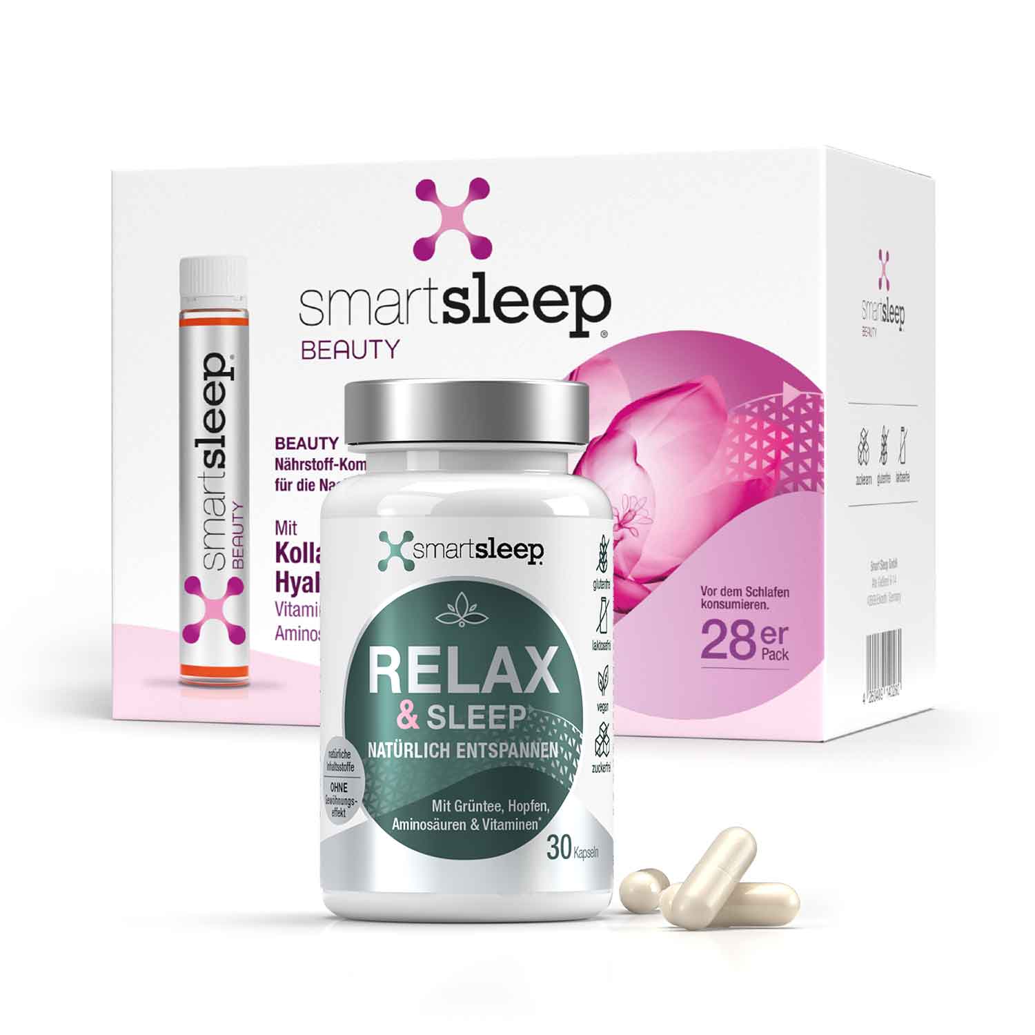 Entspannter Schönheitsschlaf mit smartsleep® Relaxed Beauty-Bundle: Eine Dose Relax and Sleep Entspannungskapseln und eine 28er-Packung smartsleep® Beauty im Set für mehr Entspannung und schöne Haut, Haare und Nägel über Nacht zum Vorteilspreis.