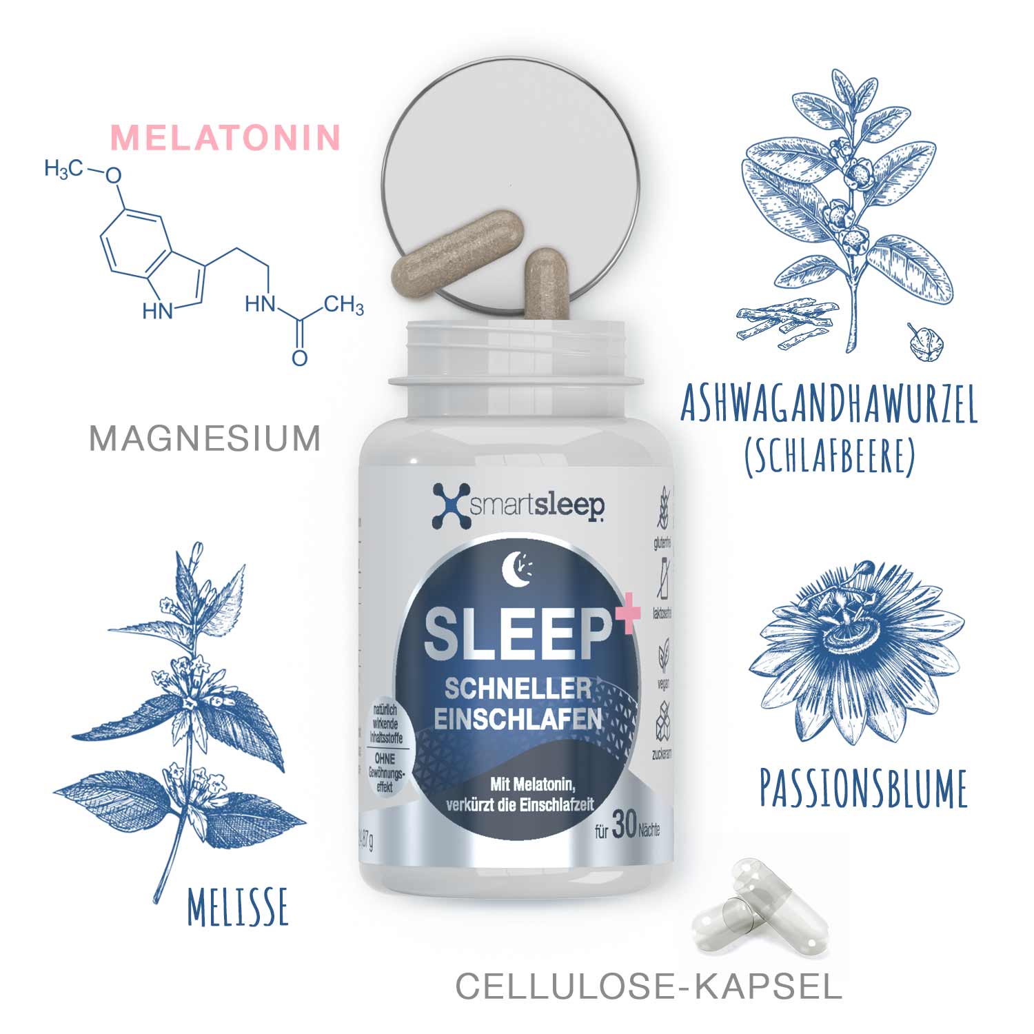 Inhaltsstoffe und Wirkstoffe von smartsleep® SLEEP + Einschlafkapseln, natürlich wirkende Einschlafkapseln zur Verkürzung der Einschlafzeit. Mit dem Schlafhormon Melatonin, Ashwagandhawurzel (Schlafbeere), Passionsblume, Melissen-Extrakt und Magnesium. Eine Kapsel 30 Minuten vor dem Zubettgehen einnehmen und schneller einschlafen.